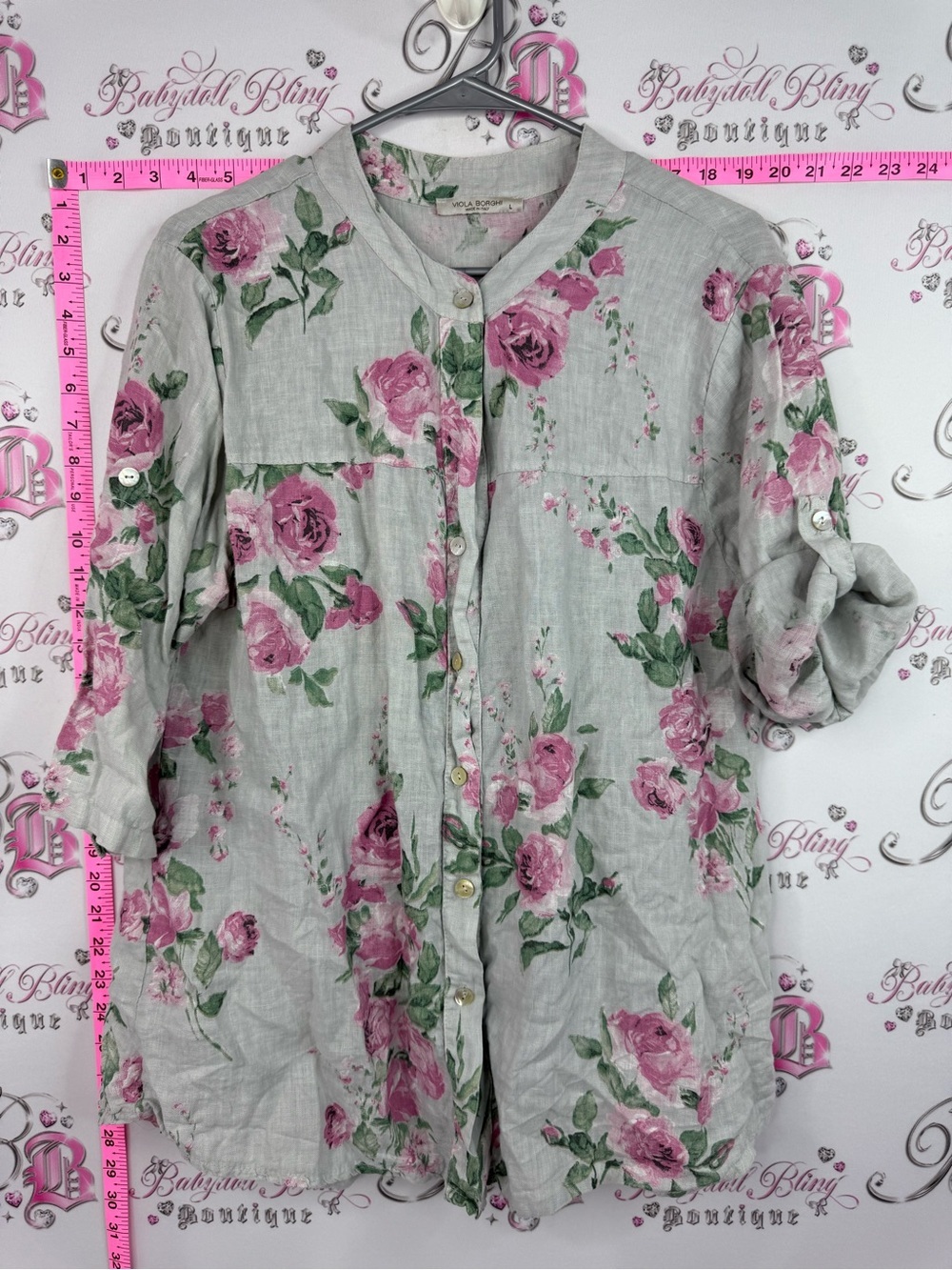 VIOLA BORGHI ITALY LINEN Light Gray Floral Button-Up Tunic with Pink Roses